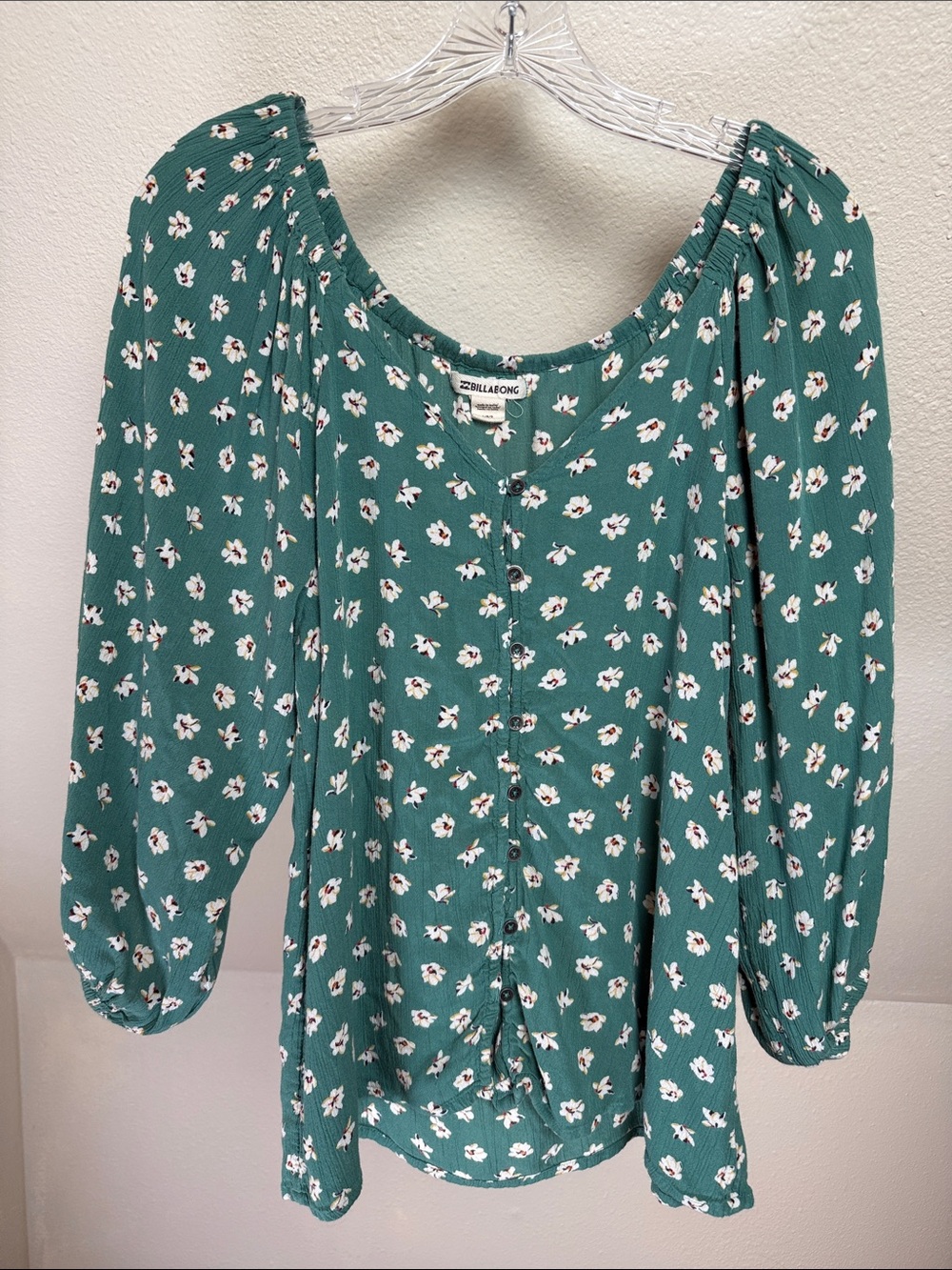 BILLABONG Green Floral Top with Stretch Neckline Small
